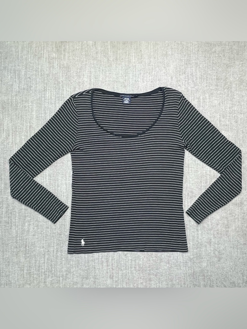 Ralph‎ Lauren Sport Black White Striped V-Neck Pima Cotton Top Women's Large L